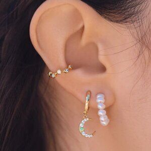 Celestial Moon Star Huggie Gold w/ Opal & Cubic Zirconia Dainty Hoop Earrrings
